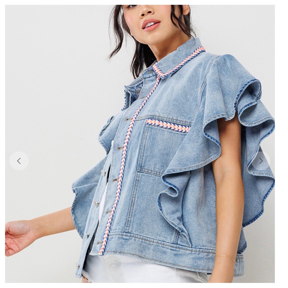 30 Boho Denim Big Ruffle Sleeve Vest Jacket - Picture 6 of 7